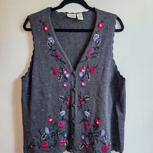 Vintage Women's Charcoal Floral Embroidered Beaded Vest